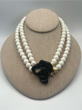 Vintage KJL for Avon White Acrylic Bead Necklace with Black Flower Clasp